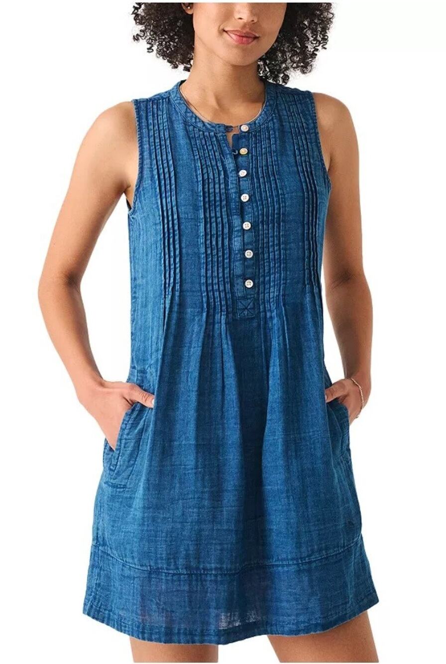 Faherty Isha 100% Linen Sz L Sleeveless Mini Dress Indigo Blue Lagenlook